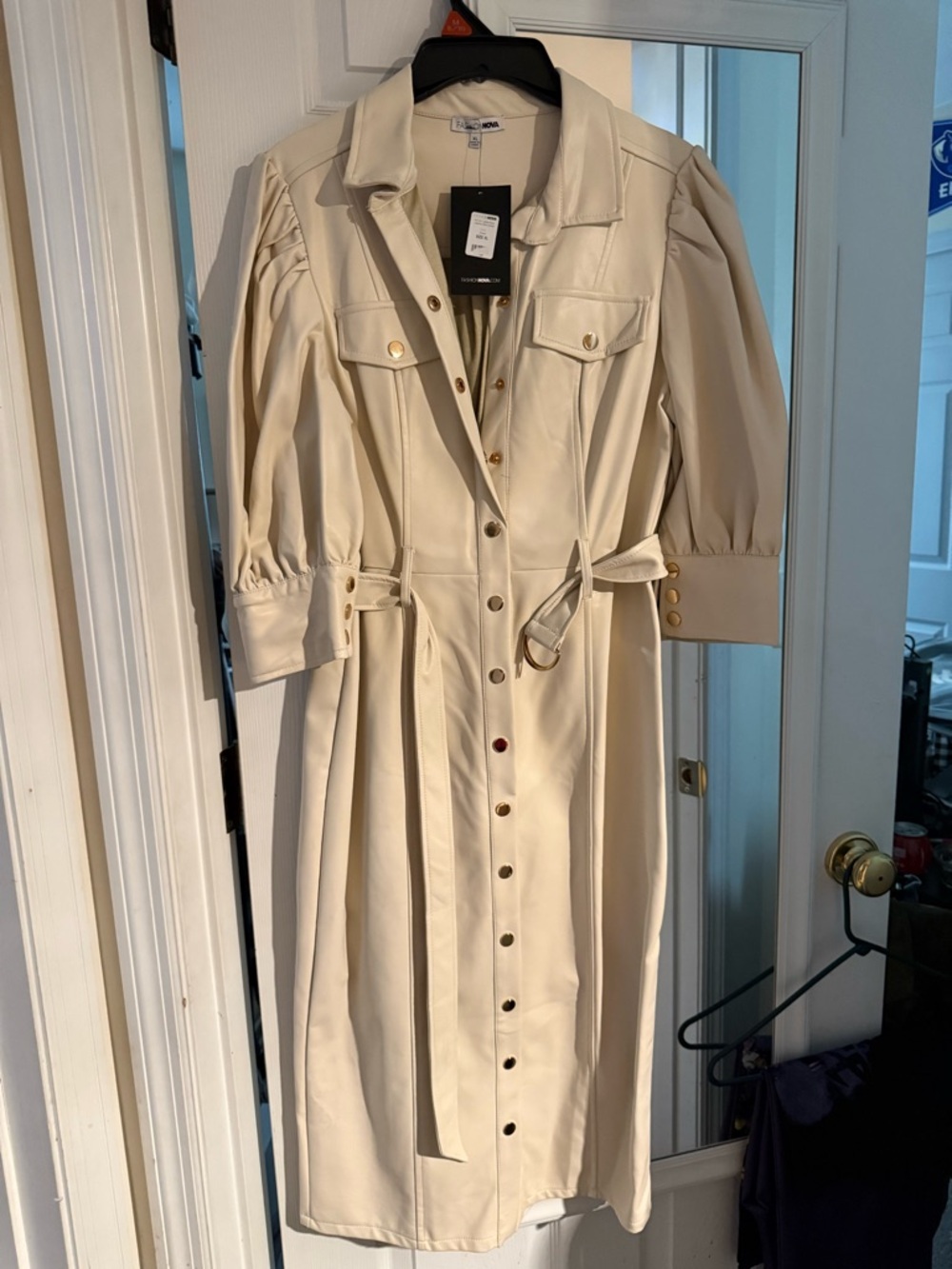 Fashion Nova Cream Button-Front Midi Dress with Belt